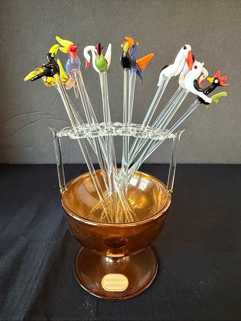 Lauscha Germany Hand Blown Glass Bird  Cocktail Pick Set W/Amber Holder.